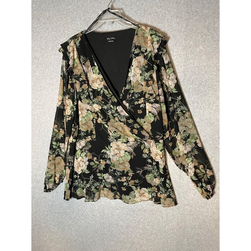 City Chic Blouse Top Size XXL  Floral Faux Wrap Career Wear Office Chiffon